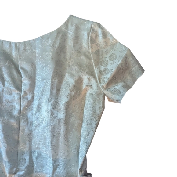 Vtg 50s Syd Chicago ivory lame print belted scoop neck Trad Wife dress sz 4 - Picture 6 of 9